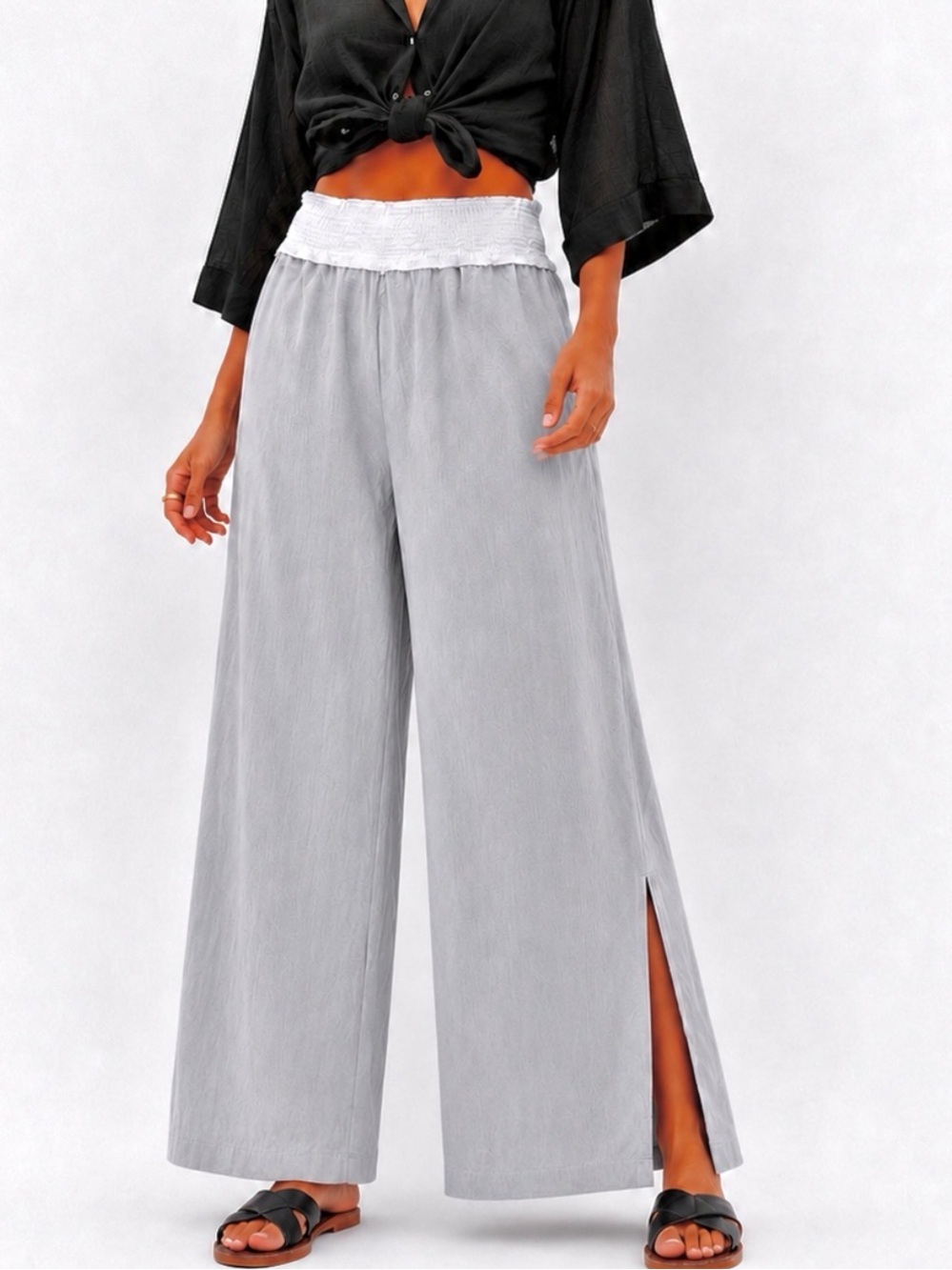 Organic Cotton Linen Wide Leg Side Slit Palazzo Pants Gray Boho Elastic Waist SM